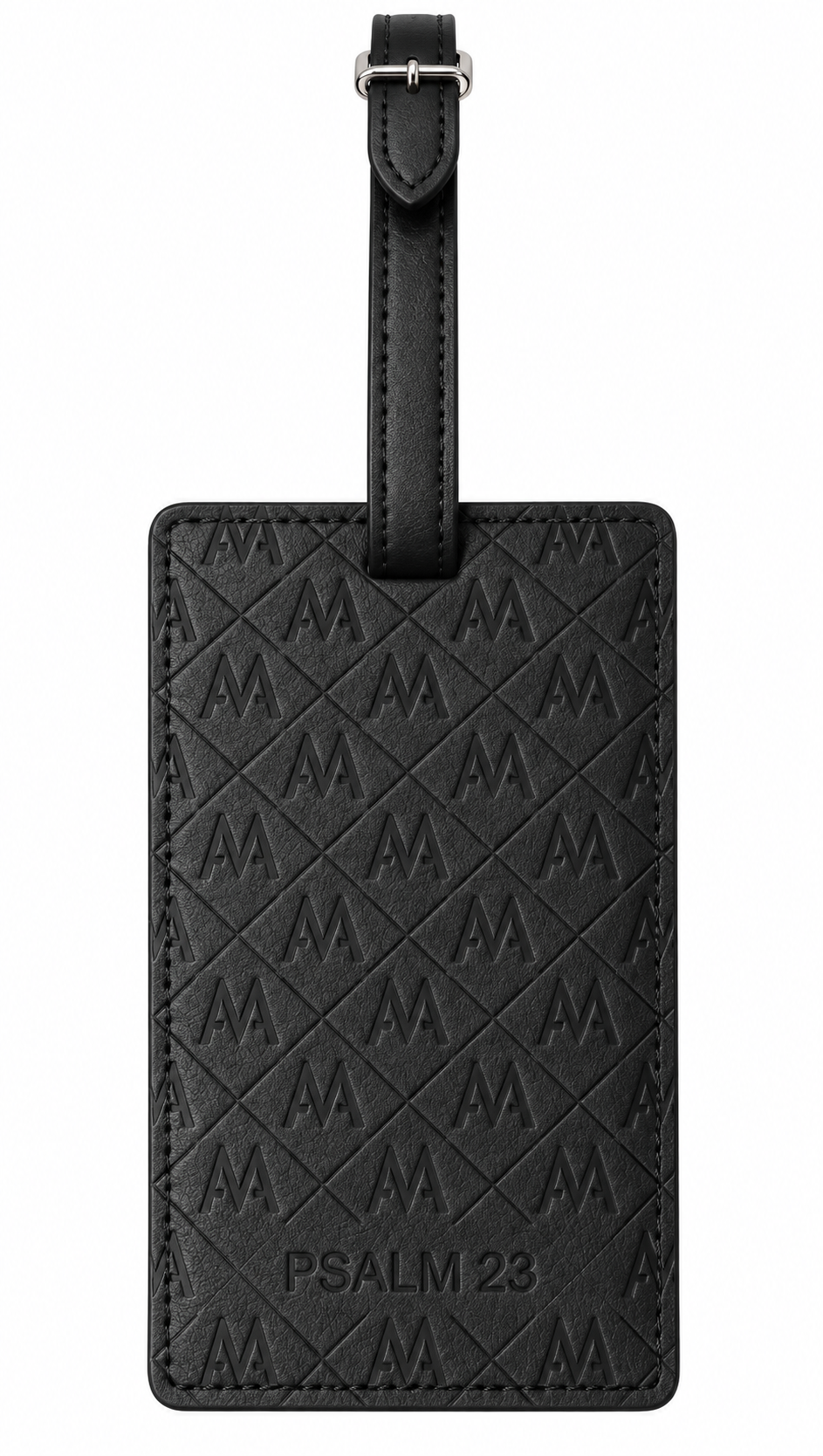 A black leather luggage tag featuring an embossed diamond pattern with 'M' initials, the text 'PSALM 23' at the bottom, and a matching black leather strap with a silver buckle.
