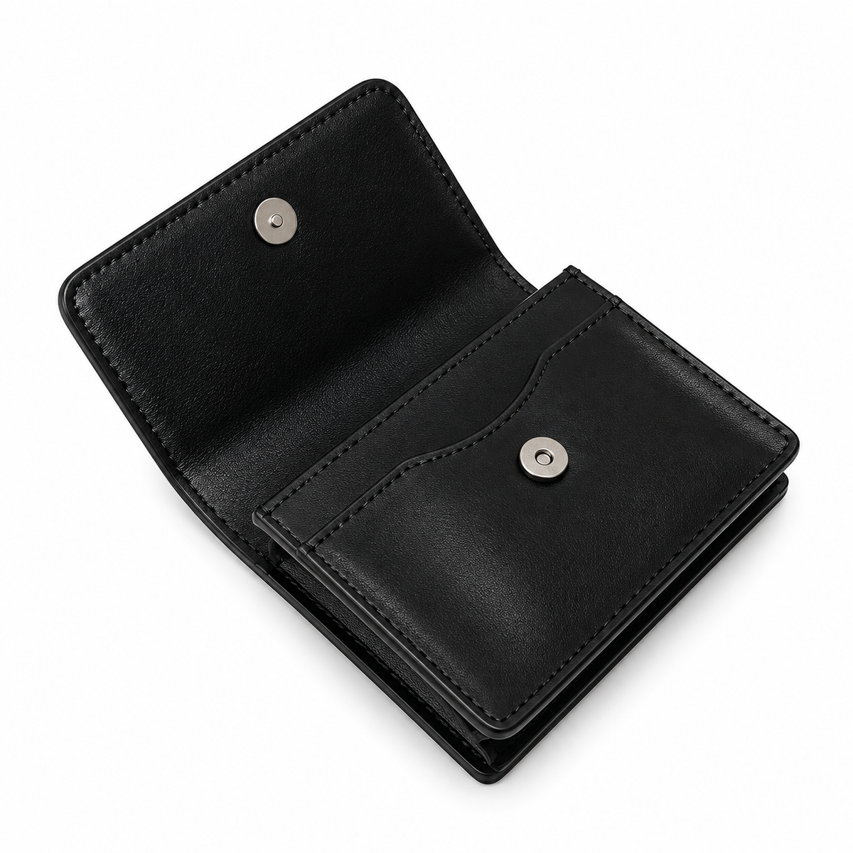 A black card holder wallet shown open on a clean white background, featuring silver-tone snap buttons and visible stitching.