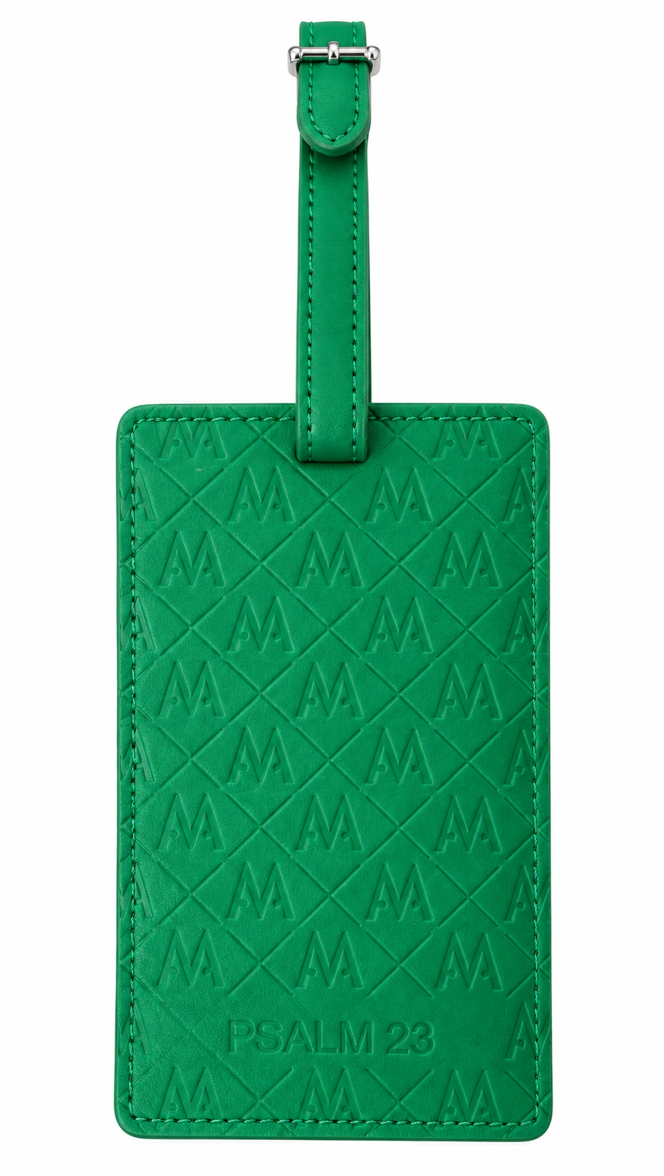 A green leather luggage tag with an embossed diamond pattern and a silver metal buckle, featuring the text 'PSALM 28' at the bottom.