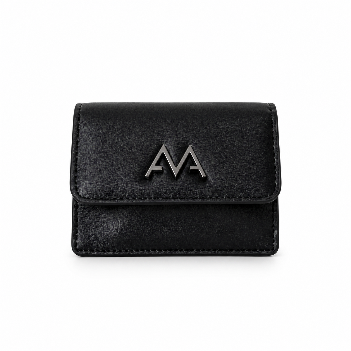 A black mini wallet with a silver-tone logo on the front flap, photographed against a clean white background.
