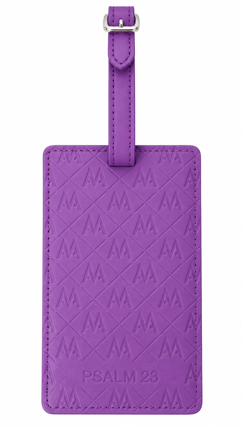 A purple leather luggage tag with an embossed diamond pattern and a silver metal buckle, featuring the text 'PSALM 23' at the bottom, shown on a plain white background.