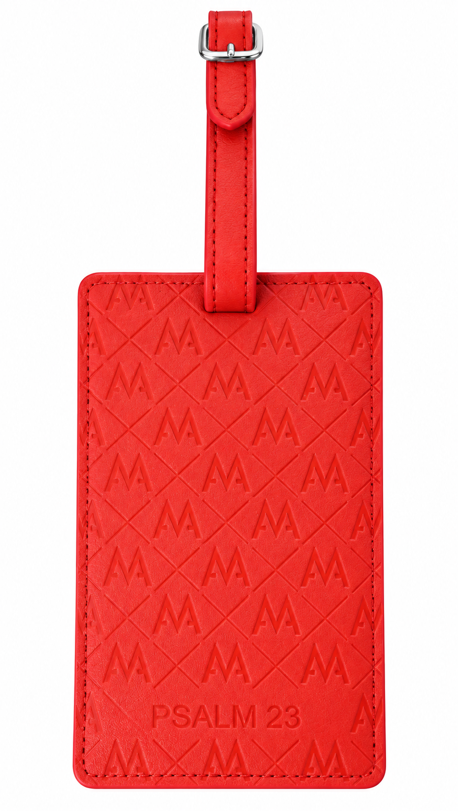 A bright red leather luggage tag featuring an embossed diamond pattern with repeating 'M' logos, a silver metal buckle on a strap, and 'PSALM 23' embossed at the bottom, shown on a plain white background.